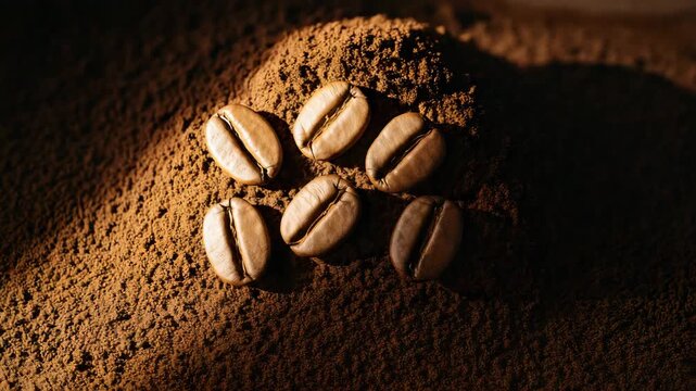 Close-up of coffee beans gradually changing color on dark brown ground coffee powder showcasing soft natural light and rich textures arranged artistically in a top-down view