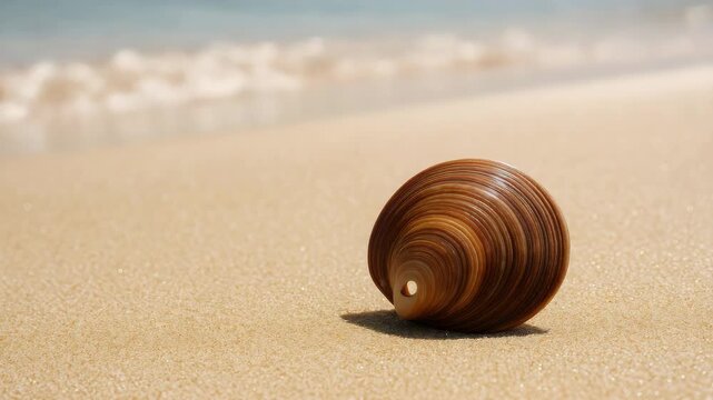 Elegant brown shell resting on soft sandy beach with gentle waves in the background under bright sunlight showcasing intricate patterns and textures in a close-up composition.