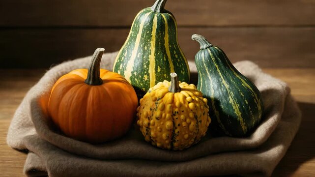 Close-up of various gourds and pumpkins arranged in a cozy setting on a soft cloth with warm natural lighting highlighting their textures and colors showcasing fall harvest d&eacute;cor