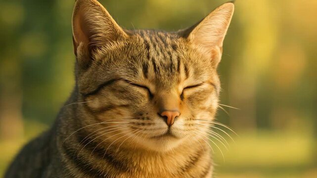 Close-up of tabby cat with eyes closed resting peacefully outdoors in a soft warm light with blurred natural greenery background throughout three frames