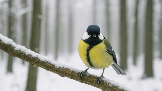 Close-up of a vibrant great tit bird perched on a snow-covered branch in a serene winter forest showcasing its bright yellow and black plumage under soft natural light