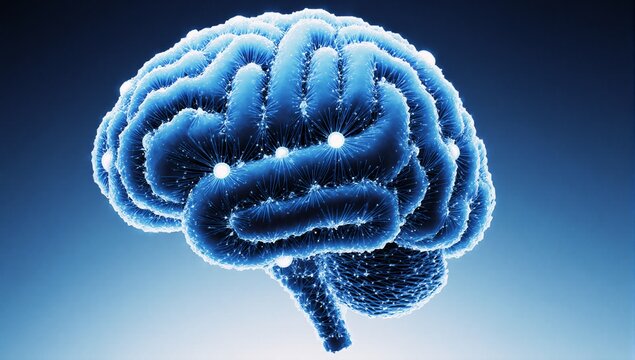 A 3D illustration of a blue voxel brain cloud captures the essence of AI neuroscience and machine learning