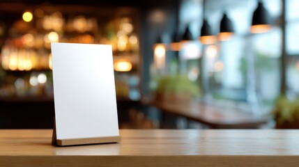 Mock-up Menu Display at Cafe: A blank menu display rests on a wooden counter with a softly blurred cafe interior, ready for customized design or message.