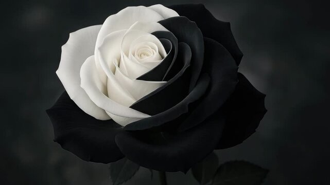 Elegant black and white rose with smooth petals centered in a dark background showcasing subtle variations in light hinting at graceful blooming