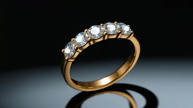 Close-up of elegant gold ring with five sparkling diamonds showcasing reflections and shadows against a dark backdrop highlighting its exquisite craftsmanship and polished finish