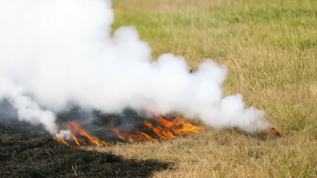Close-up view of grassfire flames and smoke in a dry meadow showcasing intense burning grass billowing smoke and charred earth amidst lush green surroundings under soft daylight