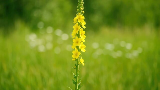 Close-up of vibrant yellow flowering plant swaying gently in soft natural light surrounded by a lush green meadow with blurred white blossoms and grassy background.