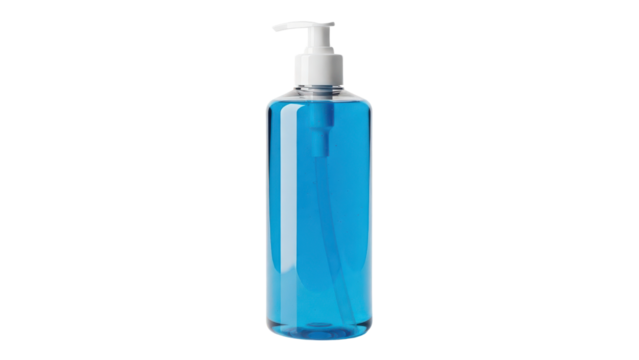 Clear Plastic Pump Dispenser Bottle Mockup with Bright Blue Liquid isolated on Transparent Background - Powered by Adobe