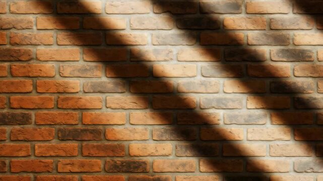 Close-up of textured brick wall with shifting shadows showcasing a warm-toned environment illuminated by natural light with a consistent brick pattern throughout the scene