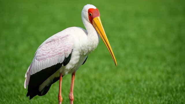 Vibrant white stork standing gracefully on lush green grass showcasing striking colors and patterns in soft natural light displaying classic bird stance throughout the video