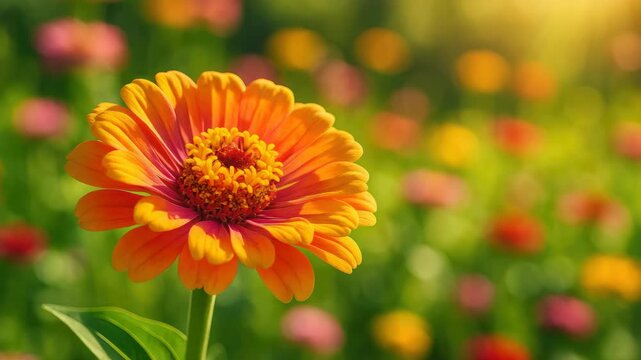 Close-up of vibrant orange zinnia flower blooming in a colorful garden with blurred background showcasing soft natural light and rich floral textures in a lush outdoor meadow