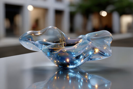 An artistic glass sculpture with a flowing form captures light beautifully, creating reflections and refracted patterns that evoke emotion and depth.