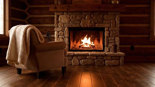 Cozy armchair and fireplace scene in warm interior setting