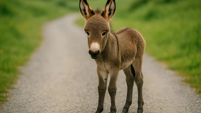 Young gray donkey foal standing on a rural path surrounded by grassy fields showing slight movement with curious gaze and soft natural light highlighting its delicate features.