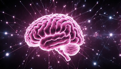 Digital illustration of a glowing pink neural brain with futuristic light effects