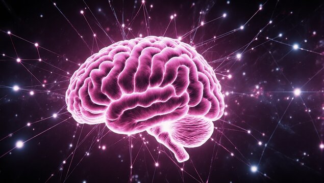 Digital illustration of a glowing pink neural brain with futuristic light effects