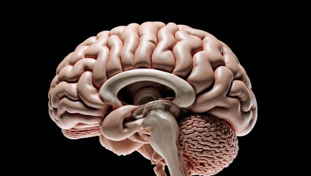 Sagittal view of detailed human brain model with internal structures visible