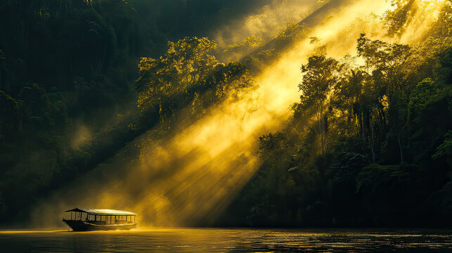 Sunlight on the Lake: A tranquil lake scene where sunlight bathes the landscape, illuminating a boat as it peacefully navigates the serene water, creating a tranquil atmosphere AI Generative - Powered by Adobe