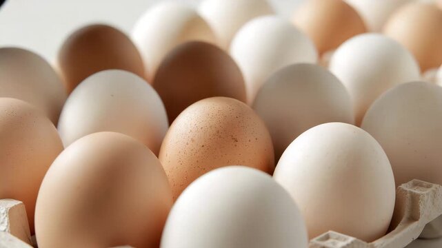Close-up of natural brown and white eggs arranged in a clean carton showcasing smooth textures and subtle color variations under soft lighting ideal for cooking and food preparation contexts