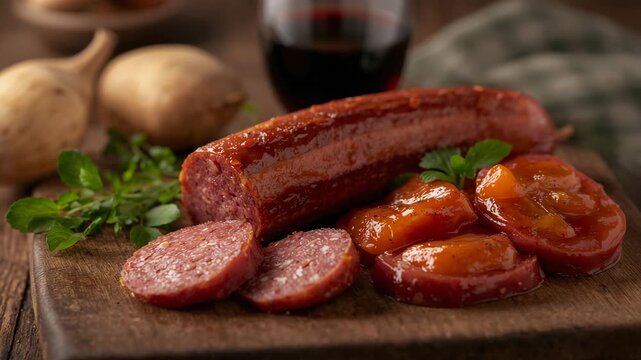 Glistening sausage sliced into rounds on a wooden cutting board surrounded by vibrant apricot preserves with green herbs warm natural lighting highlights the rustic kitchen setting