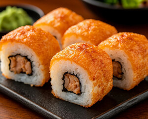 Japanese sushi on black background with baked crispy crust