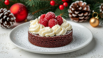 Festive dessert on plate arranged on light-colored table