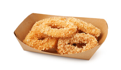 Deep fried squid rings in takeaway paper box isolated on white