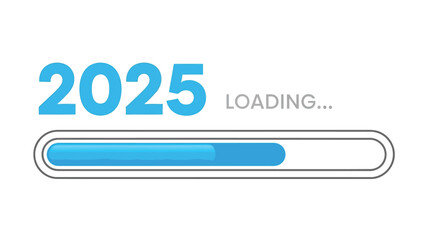 Vector illustration of progress bar showing year 2025 loading with blue fill, concept for future, new year, and anticipation