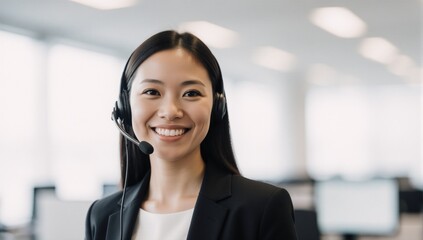 A friendly approachable customer service representative in a headset smiles directly at the camera ready to assist clients