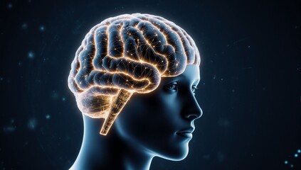 Holographic AI brain with glowing golden neural network on dark blue technological background Futuristic Digital Art Cyber Concepts