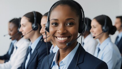 Customer service team with diverse professionals wearing headsets African American woman smiling at the camera