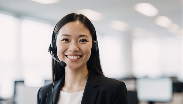 A friendly approachable customer service representative in a headset smiles directly at the camera ready to assist clients