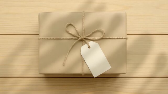 Top-down view of a neatly wrapped gift box with twine and a blank tag resting on a wooden table surface softly illuminated by natural light creating gentle shadows.