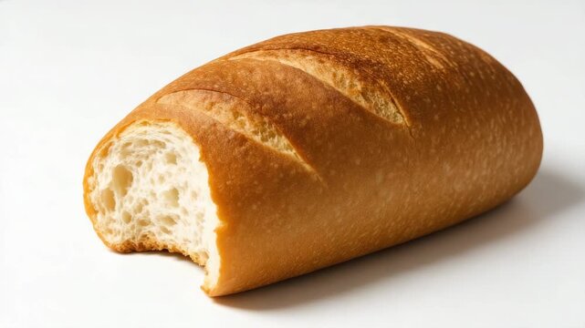 Close-up of golden brown crusty bread loaf with bite taken out showcasing soft interior on simple white background highlighting textures and colors in natural soft light