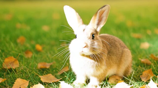 Close-up of an alert brown rabbit sitting on green grass surrounded by scattered orange autumn leaves showcasing changing light while varying its head position in bright natural daylight