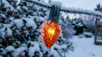 Warm orange Christmas light covered in hoarfrost and snow, glowing brightly against a cold, serene winter background.