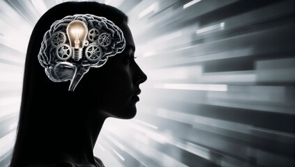 A woman with a lightbulb in her brain depicted as a steampunk silhouette