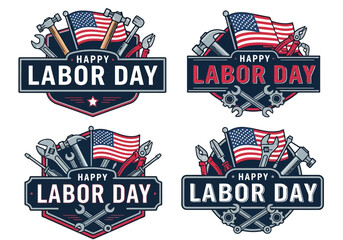 Vector illustration of set of four vintage style emblems or badges celebrating happy labor day with american flag and various construction tool illustration