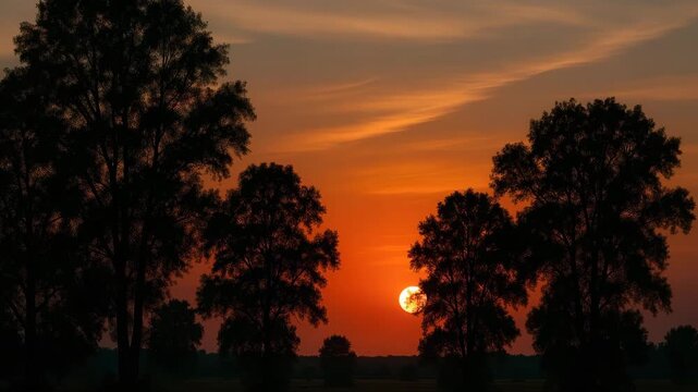 Beautiful orange sunset over silhouette of trees with changing light and colors showcasing the transition from bright to dark evening sky with deepening hues and rich natural textures