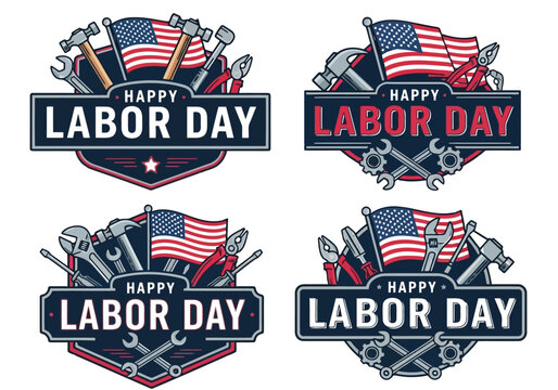 Vector illustration of set of four vintage style emblems or badges celebrating happy labor day with american flag and various construction tool illustration - Powered by Adobe