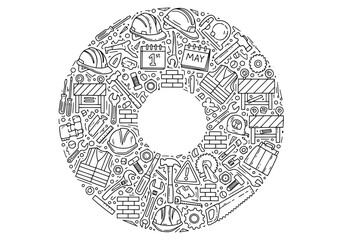 Vector illustration of black and white doodle illustration of various construction and labor tools arranged in a circle frame