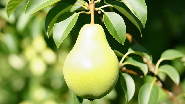 Close-up of a green pear hanging from a branch surrounded by lush leaves showcasing its smooth texture and changing light conditions in a natural outdoor setting.