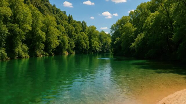 Serene river landscape with crystal clear green water and lush tree-lined banks under a bright blue sky with fluffy white clouds showcasing the tranquility of nature in a peaceful outdoor setting