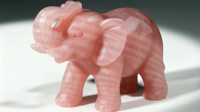 Close-up of a carved rose quartz elephant figurine showcasing soft pink hues with subtle reflections displayed in soft natural light against a neutral background highlighting its smooth texture and