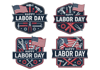Vector illustration of set of four happy labor day emblems featuring various construction tool icons and american flag illustration