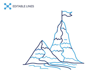 Vector illustration of hand drawn line art illustration of two mountain peaks with a flag on top, representing achievement and success