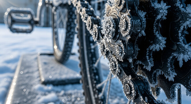 Icy bicycle chain and gears close-up, metal sprockets and links sparkling with frost crystals, symbol of winter cycling, cold weather maintenance, frozen transport and mechanical detail