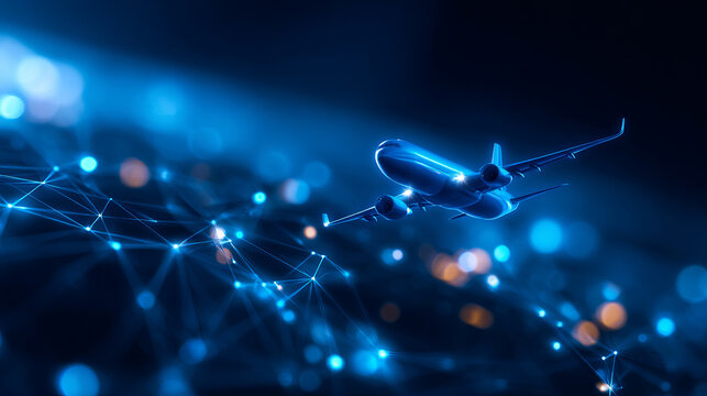 Digital airplane flying through network of glowing connections, symbolizing travel technology