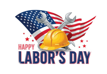 Vector illustration of happy labor day greeting with yellow hard hat, crossed wrenches, and waving american flag illustration
