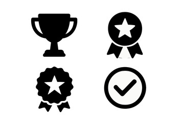 Trophy cup, star award medals, and checkmark representing success and achievement